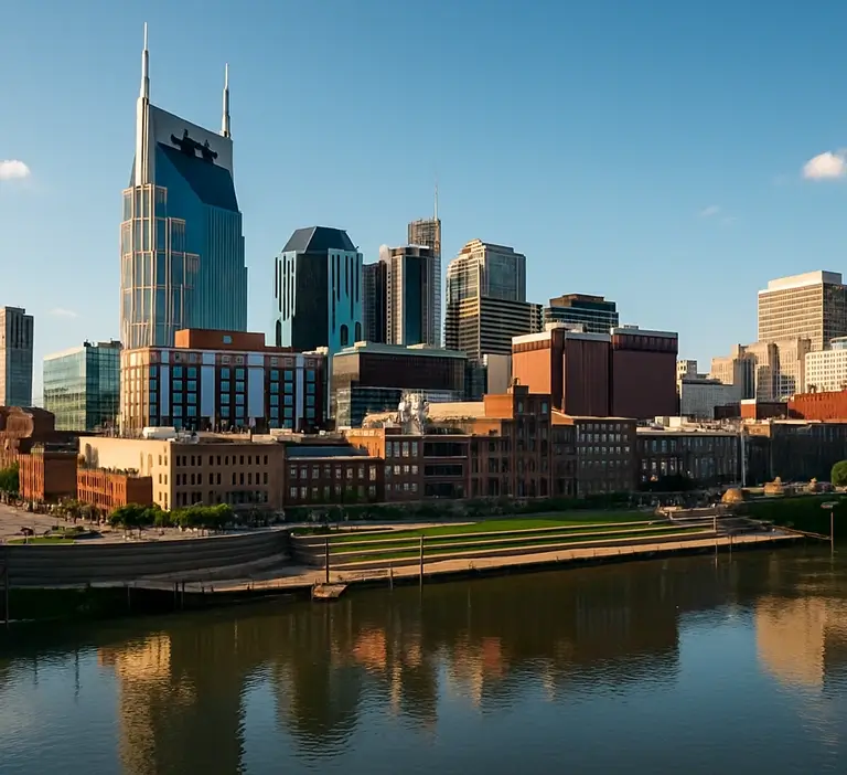 Downtown Nashville skyline reflecting on the Cumberland River during a clear day