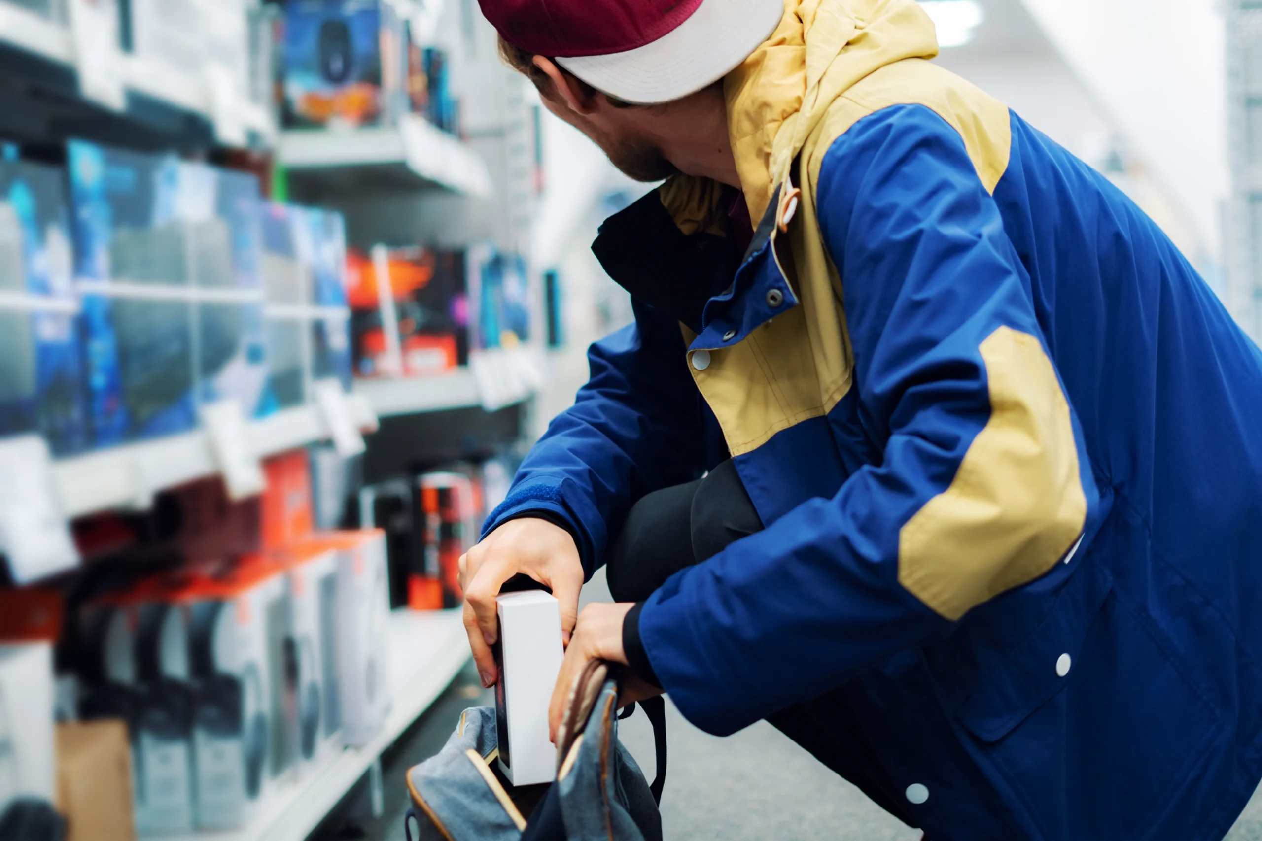 Man in a blue and yellow jacket placing a boxed item into a backpack in a store aisle.
