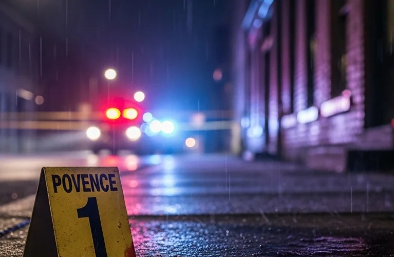 A yellow caution sign lies on a wet ground, surrounded by rain, indicating a warning in a violent crime context
