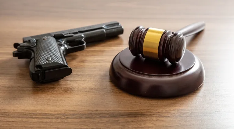 Black handgun and wooden judge's gavel with gold band on wooden surface.