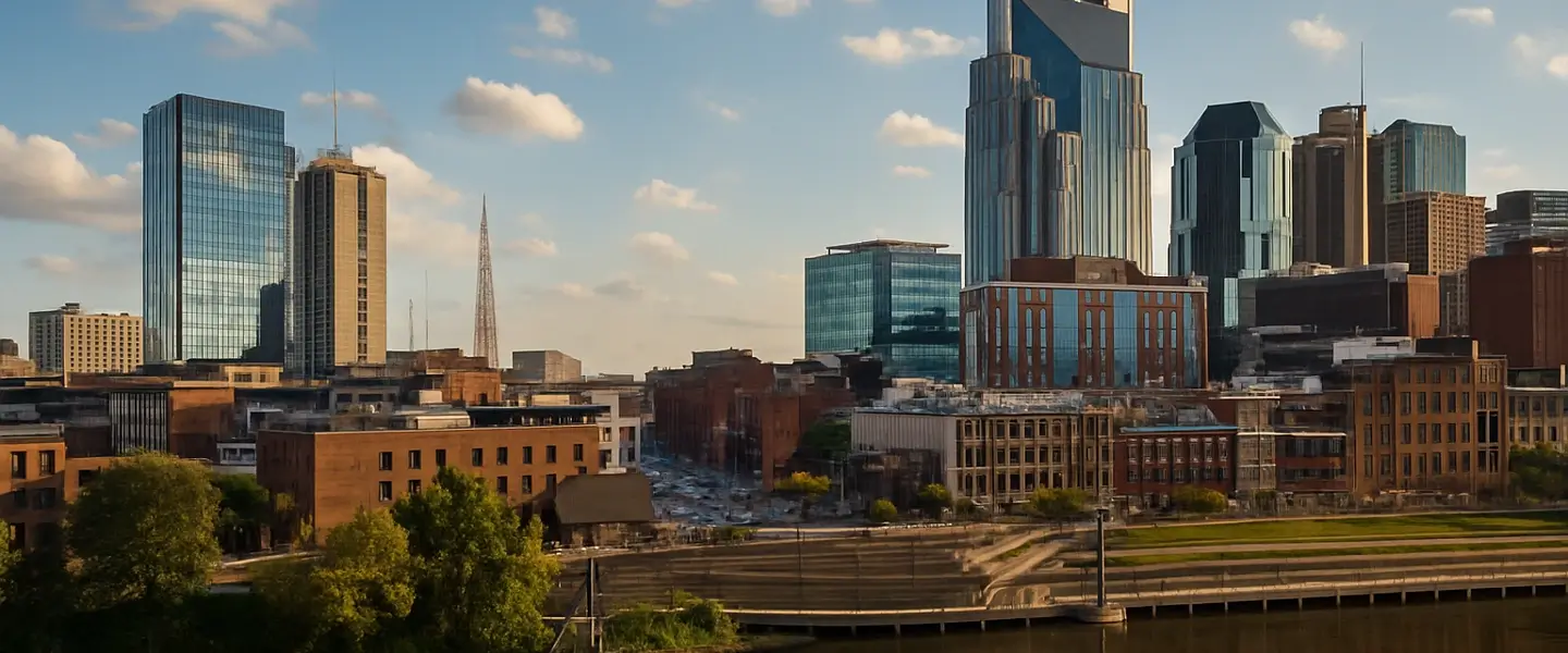  panoramic view of a city skyline with skyscrapers and a river reflecting the urban landscape