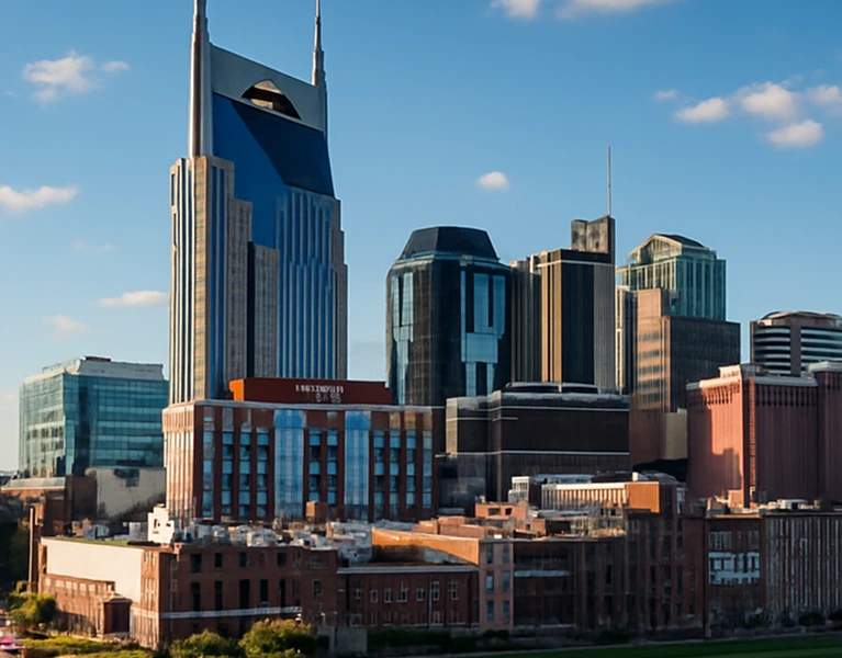 Downtown Nashville skyline reflecting on the Cumberland River during a clear day