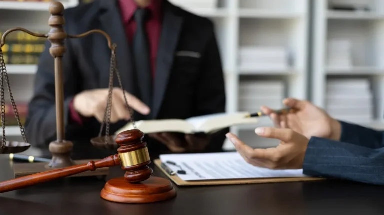 Two professionals discussing legal documents with a gavel and scales of justice on the table.