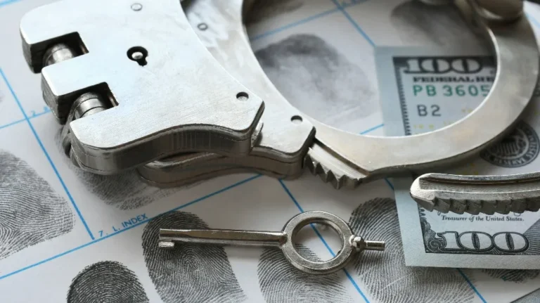 Close-up of metal handcuffs and key on fingerprint cards and a partially visible one hundred dollar bill.