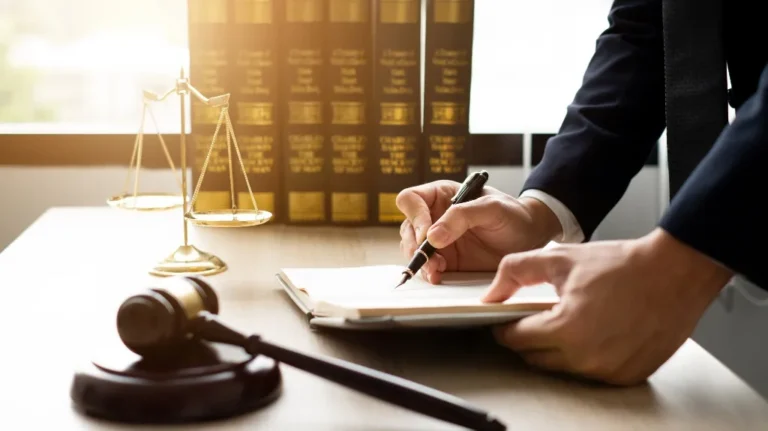Person in formal attire writing on a document at a desk with legal books, scales of justice, and gavel.
