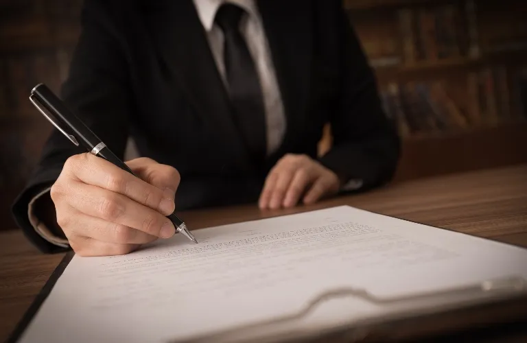 Person in black suit signing a document with a black pen on a wooden desk.