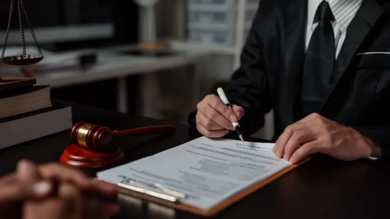 Person in black suit signing legal documents at desk with gavel and scales of justice.