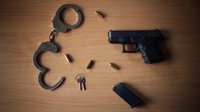 Black handgun, bullets, handcuffs, and keys arranged on wooden surface.