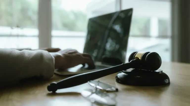 Close-up of a judge's gavel on a wooden desk with a person typing on a laptop in the background.