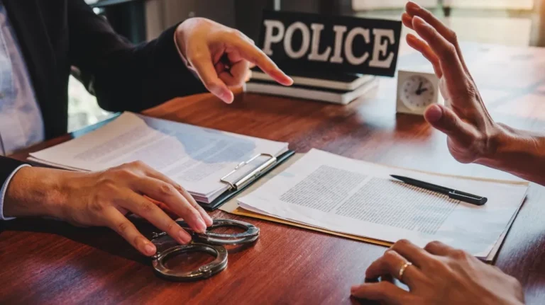 Two individuals at a wooden desk with police sign, handcuffs, documents, and clock.