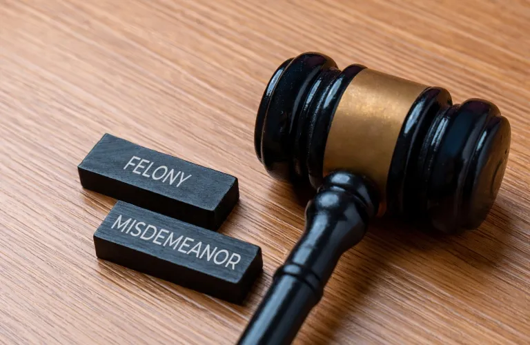 Wooden judge's gavel and black blocks labeled "Felony" and "Misdemeanor" on wooden surface.