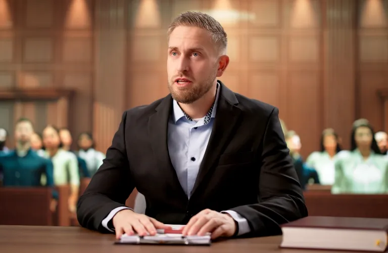 Professional man in a black suit speaking in a courtroom with blurred audience behind.