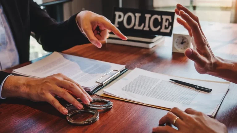 Two individuals at a wooden desk with police sign, documents, handcuffs, and a pen.