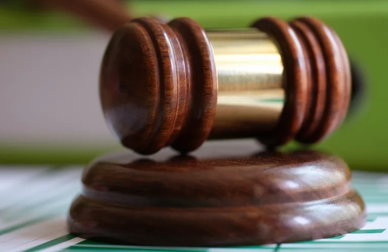 Close-up of a wooden judge’s gavel resting on a matching sound block.